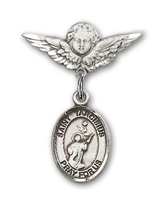 Pin Badge with St. Tarcisius Charm and Angel with Smaller Wings Badge Pin - Silver tone