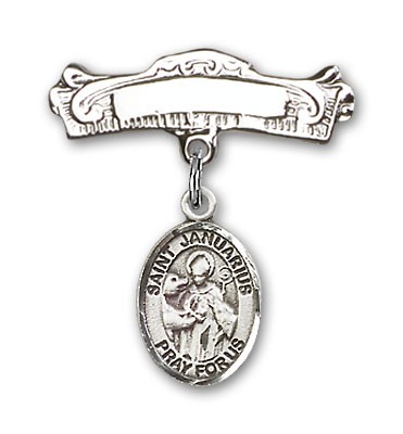 Pin Badge with St. Januarius Charm and Arched Polished Engravable Badge Pin - Silver tone