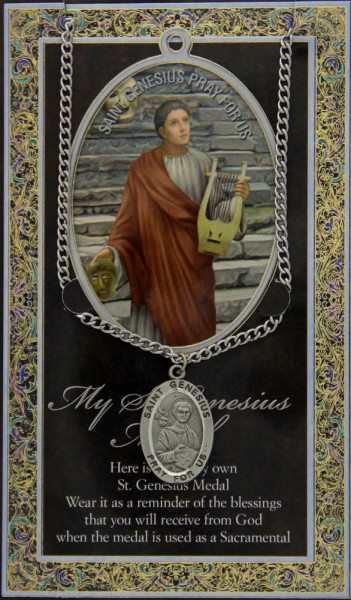 St. Genesius Medal in Pewter with Bi-Fold Prayer Card - Silver tone
