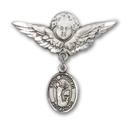 Pin Badge with St. Kenneth Charm and Angel with Larger Wings Badge Pin - Silver tone