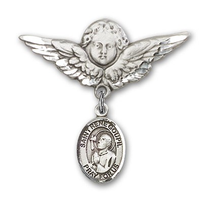 Pin Badge with St. Rene Goupil Charm and Angel with Larger Wings Badge Pin - Silver tone