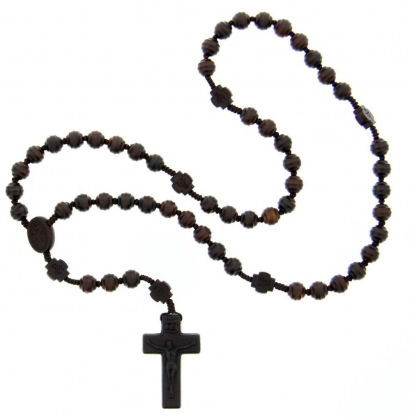 Jujube Wood 5 Decade Striped Cut Bead Rosary - 10mm - Brown