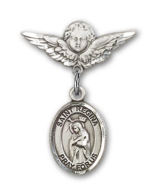 Pin Badge with St. Regina Charm and Angel with Smaller Wings Badge Pin - Silver tone