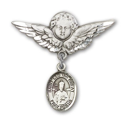 Pin Badge with St. Leo the Great Charm and Angel with Larger Wings Badge Pin - Silver tone