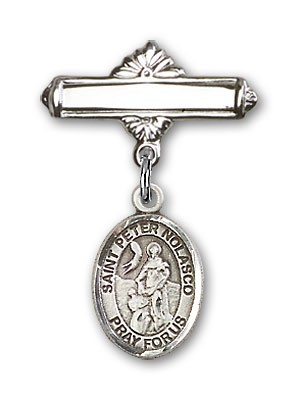 Pin Badge with St. Peter Nolasco Charm and Polished Engravable Badge Pin - Silver tone