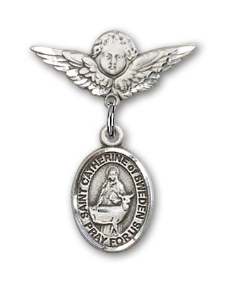 Pin Badge with St. Catherine of Sweden Charm and Angel with Smaller Wings Badge Pin - Silver tone