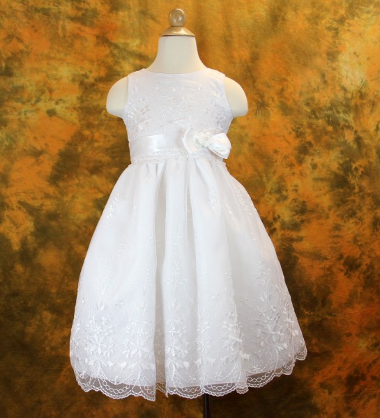 First Communion Dress - Embroidered Organza and Bow Accent - White