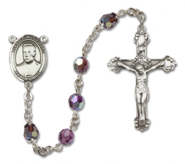 Blessed Miguel Pro Sterling Silver Heirloom Rosary Fancy Crucifix - Amethyst