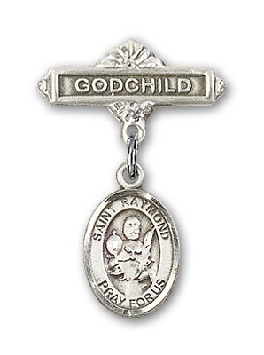 Pin Badge with St. Raymond Nonnatus Charm and Godchild Badge Pin - Silver tone