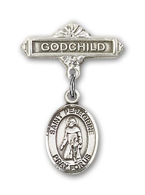 Pin Badge with St. Peregrine Laziosi Charm and Godchild Badge Pin - Silver tone