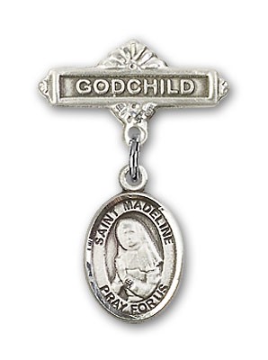 Pin Badge with St. Madeline Sophie Barat Charm and Godchild Badge Pin - Silver tone