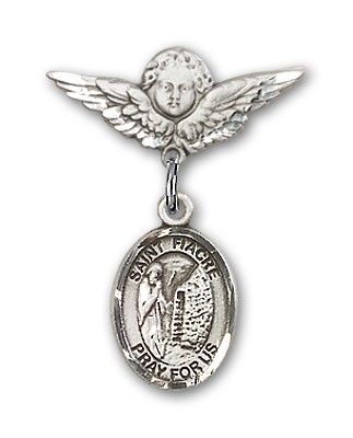 Pin Badge with St. Fiacre Charm and Angel with Smaller Wings Badge Pin - Silver tone