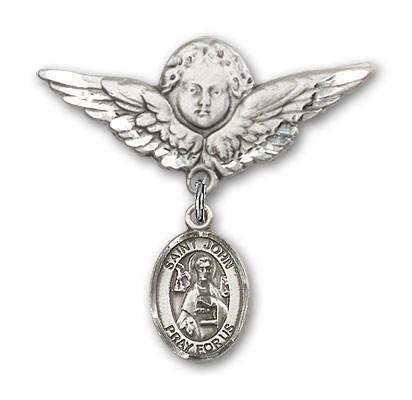 Pin Badge with St. John the Apostle Charm and Angel with Larger Wings Badge Pin - Silver tone