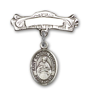 Pin Badge with St. Gabriel Possenti Charm and Arched Polished Engravable Badge Pin - Silver tone