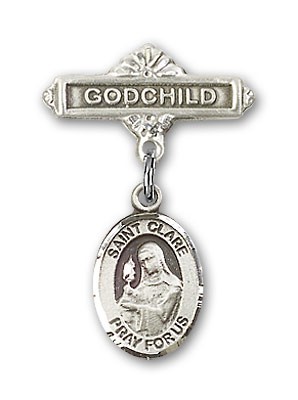 Pin Badge with St. Clare of Assisi Charm and Godchild Badge Pin - Silver tone