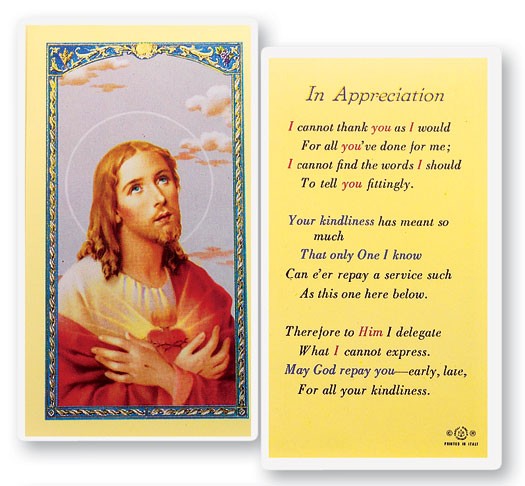 In Appreciation Laminated Prayer Card - 25 Cards Per Pack .80 per card