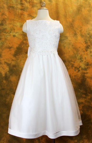 Plus Size First Communion Dress with Beaded Satin and Shawl - White