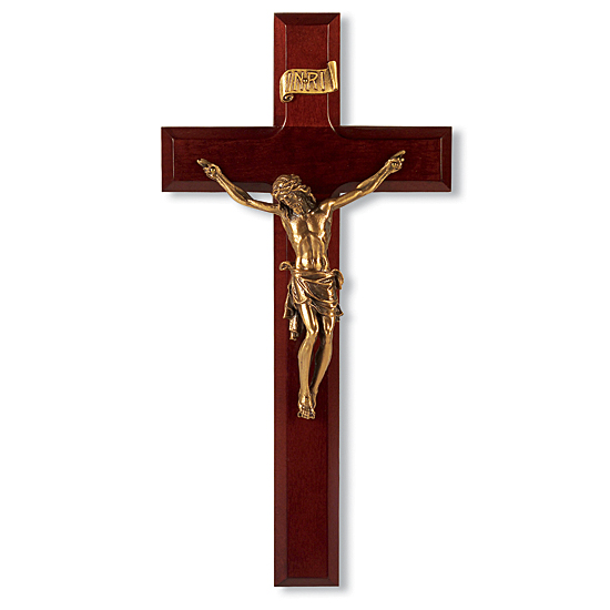 Dark Cherry Wall Crucifix with Museum Gold Corpus - 11 inch - Cherry Wood