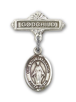 Baby Badge with Our Lady of Lebanon Charm and Godchild Badge Pin - Silver tone