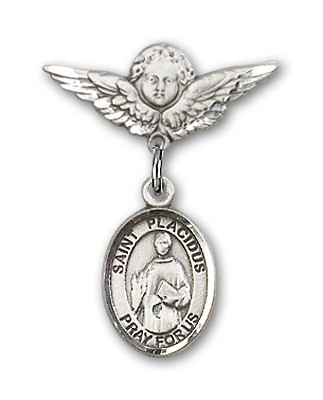 Pin Badge with St. Placidus Charm and Angel with Smaller Wings Badge Pin - Silver tone