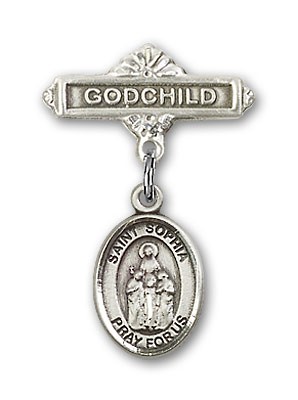 Pin Badge with St. Sophia Charm and Godchild Badge Pin - Silver tone