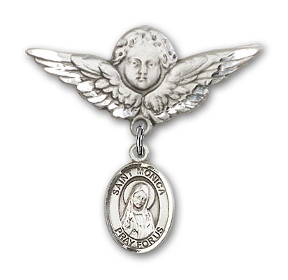 Pin Badge with St. Monica Charm and Angel with Larger Wings Badge Pin - Silver tone