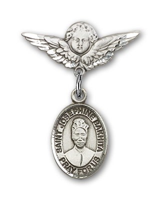 Pin Badge with St. Josephine Bakhita Charm and Angel with Smaller Wings Badge Pin - Silver tone