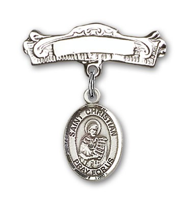 Pin Badge with St. Christian Demosthenes Charm and Arched Polished Engravable Badge Pin - Silver tone