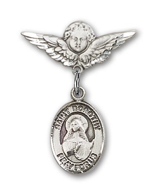 Pin Badge with St. Dorothy Charm and Angel with Smaller Wings Badge Pin - Silver tone