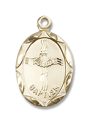 Petite Oval Baptism Medal with Shell In Cross Design - 14K Solid Gold