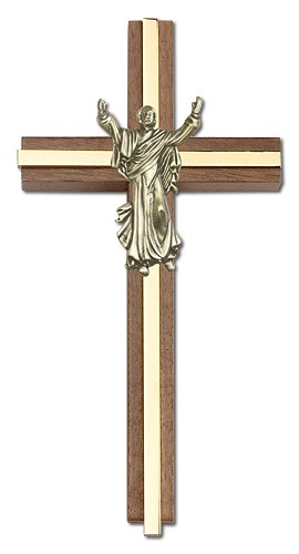 Risen Christ Wall Cross in Walnut and Metal Inlay 6&quot; - Gold Tone