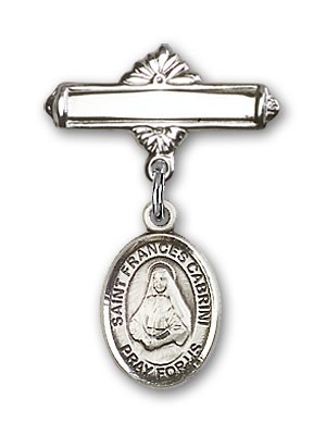 Pin Badge with St. Frances Cabrini Charm and Polished Engravable Badge Pin - Silver tone