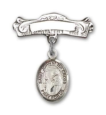 Pin Badge with St. John of the Cross Charm and Arched Polished Engravable Badge Pin - Silver tone