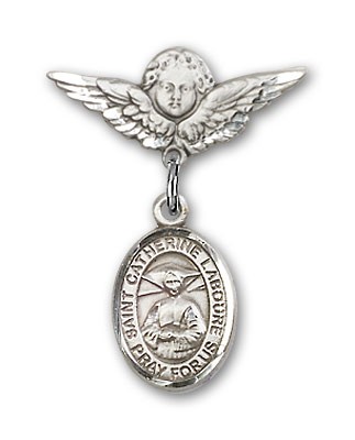 Pin Badge with St. Catherine Laboure Charm and Angel with Smaller Wings Badge Pin - Silver tone