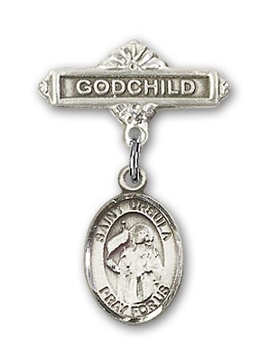 Pin Badge with St. Ursula Charm and Godchild Badge Pin - Silver tone