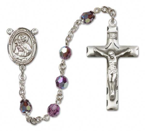 Our Lady of Mount Carmel Sterling Silver Heirloom Rosary Squared Crucifix - Amethyst