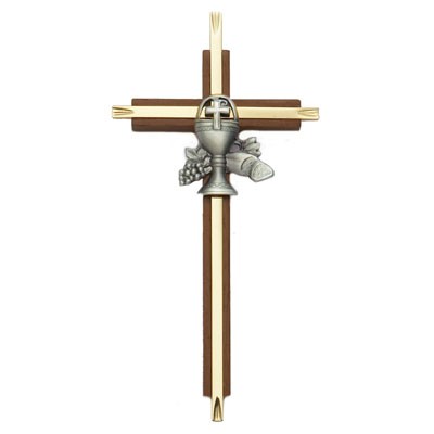 First Communion Cross in Walnut and Brass - 7 inch - Brown | Gold