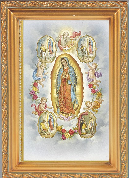 Our Lady of Guadalupe with Visions Antique Gold Framed Print - Full Color