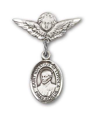 Pin Badge with St. Ignatius Charm and Angel with Smaller Wings Badge Pin - Silver tone