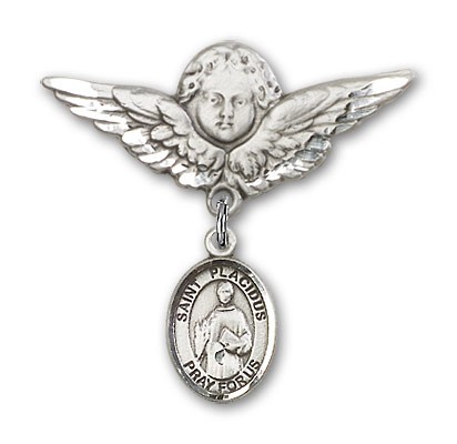 Pin Badge with St. Placidus Charm and Angel with Larger Wings Badge Pin - Silver tone