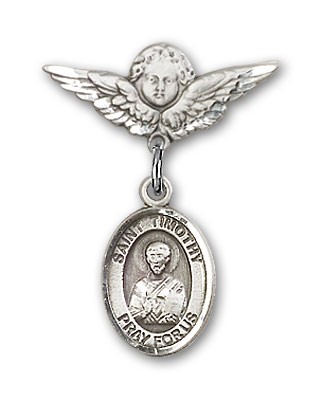 Pin Badge with St. Timothy Charm and Angel with Smaller Wings Badge Pin - Silver tone