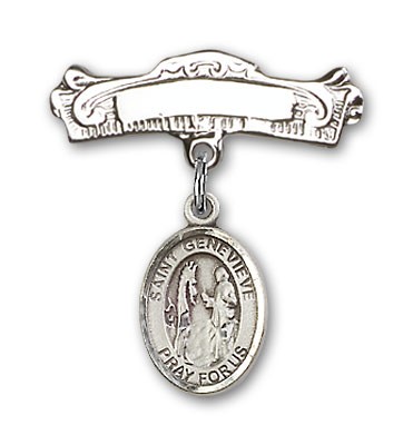 Pin Badge with St. Genevieve Charm and Arched Polished Engravable Badge Pin - Silver tone
