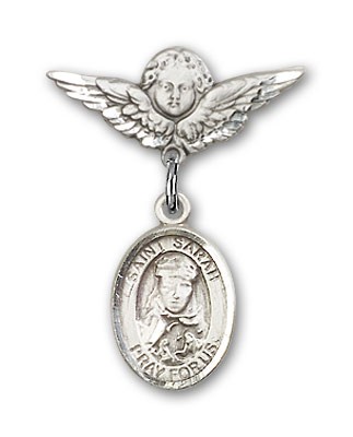 Pin Badge with St. Sarah Charm and Angel with Smaller Wings Badge Pin - Silver tone
