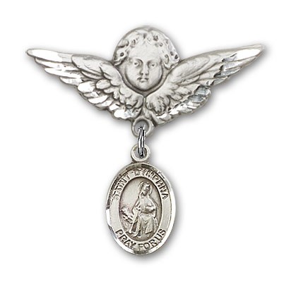 Pin Badge with St. Dymphna Charm and Angel with Larger Wings Badge Pin - Silver tone