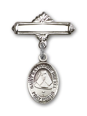 Pin Badge with St. Katherine Drexel Charm and Polished Engravable Badge Pin - Silver tone
