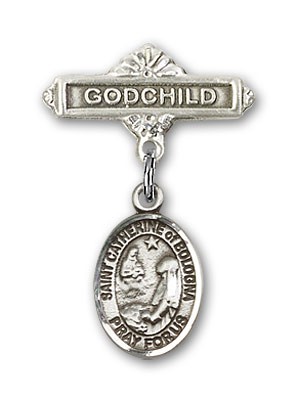 Pin Badge with St. Catherine of Bologna Charm and Godchild Badge Pin - Silver tone