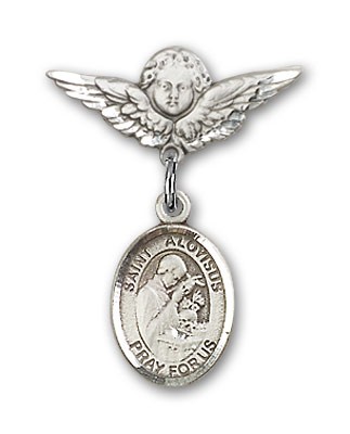 Pin Badge with St. Aloysius Gonzaga Charm and Angel with Smaller Wings Badge Pin - Silver tone