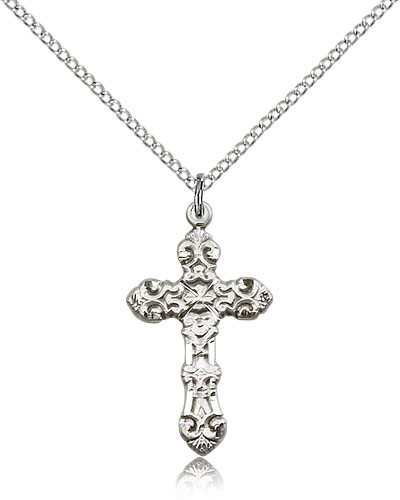Ornate Fleur De Lis Women's Cross Necklace - Sterling Silver