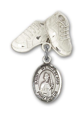 Pin Badge with St. Wenceslaus Charm and Baby Boots Pin - Silver tone