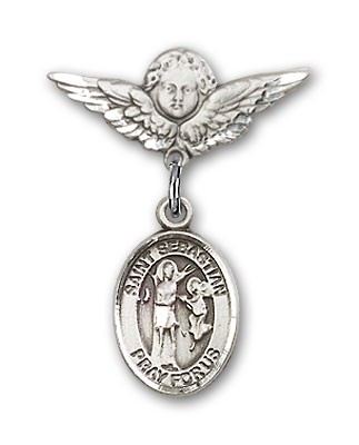 Pin Badge with St. Sebastian Charm and Angel with Smaller Wings Badge Pin - Silver tone